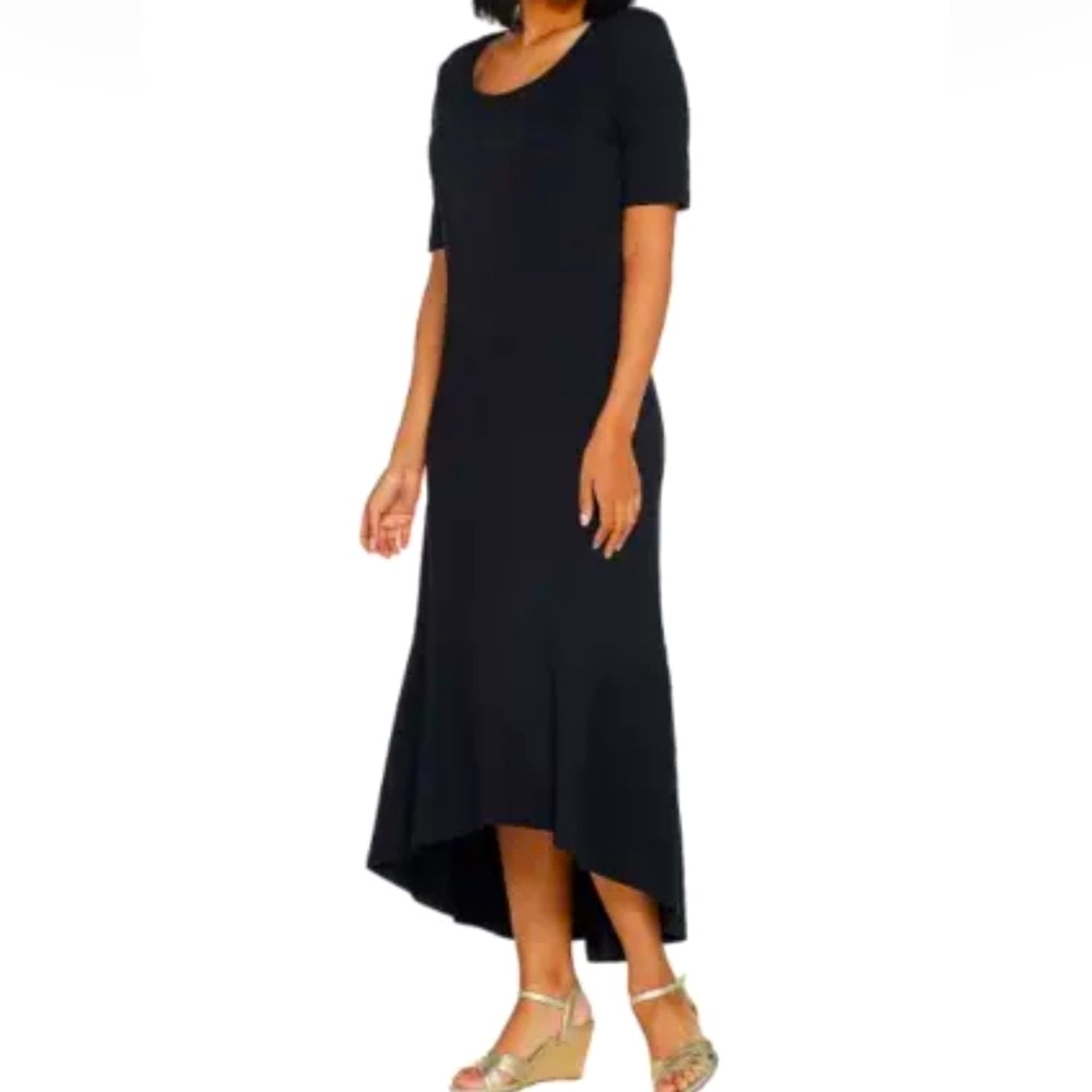 Isaac Mizrahi Live Black Short Sleeve Flowy Asymmetrical Hem Midi Maxi Dress M